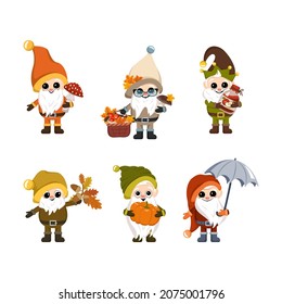 Set of little gnomes with long white beard, cheerful face with autumn items. Character for fall Harvest Festival, Thanksgiving, Home and garden decoration