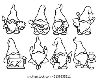 Set of little hobby gnomes. Collection of cute summer gnome holidays. Vector illustration for travel postcard. Drawing for children.