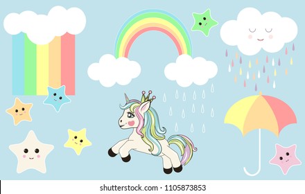 SET OF LITTLE ICONS. a unicorn running across the sky, a white cloud with a face and lovely stars with faces, a rainbow umbrella
