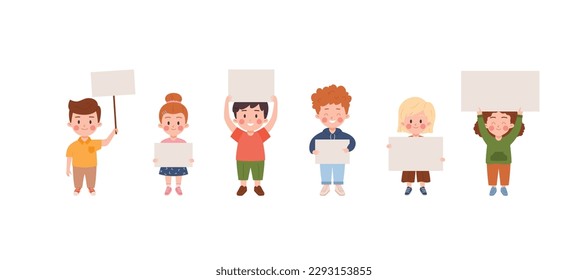 Set of little kids holding blank papers and signs, cartoon flat vector illustration isolated on white background. Kindergarten kids with empty placards. Concepts of education, awareness and protests.