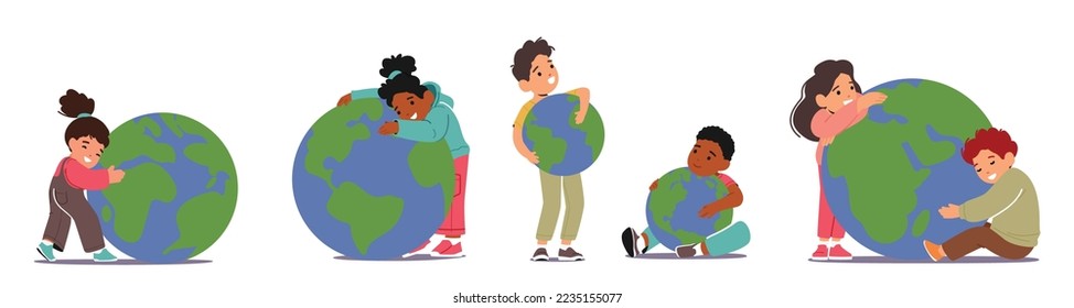 Set Little Kids Hugging Earth Planet. Boys and Girls Characters Embrace with Love Sphere with Continents and Oceans. Save Nature, Ecology, Earth Protection Concept. Cartoon People Vector Illustration