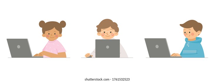Set Of Little Kids With Laptop In Different Poses. Online Education For Children. Vector Illustration In Trendy Minimalistic Style On White Background