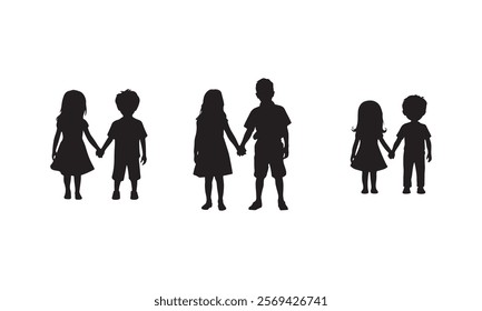 Set of little kids silhouettes holding hands. brother and sister holding hand.