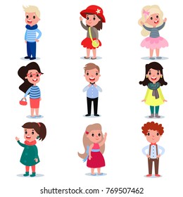 Set of little kids wearing different fashion clothes. Cartoon boys and girls characters standing isolated on white. Flat vector design