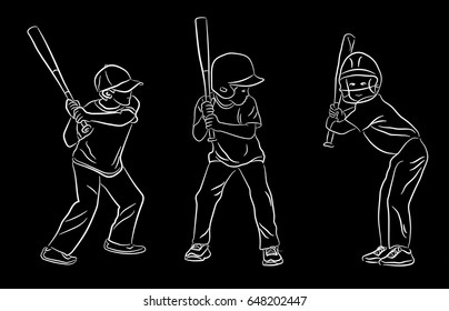Set of little league baseball batting line art vector illustration on black background.  
