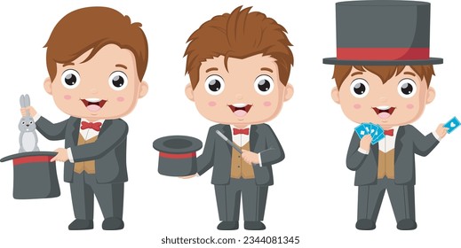 Set of little magician kid cartoon