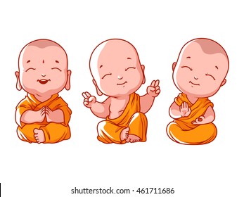 Set of little meditating monks. Vector cartoon illustration on a white background.