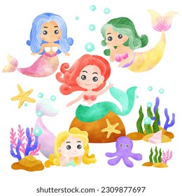 set of little mermaid characters with sea animals and plants