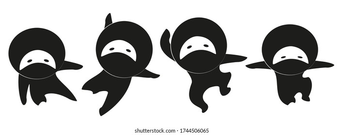 Set of little ninjas in combat poses. A collection of black and white men in the style of computer games. Funny cartoon samurai. EPS10 vector illustration