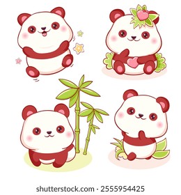 Set of little panda in kawaii style. Tiny baby pandas in multiple poses. Cute panda expression sheet collection. Can be used for t-shirt print, sticker, greeting card. Vector illustration EPS8