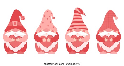 A set of little paunchy dwarfs in pink and red clothes and hats holding hearts in their hands. Little gnomes, cute cartoon characters in a flat style. Color vector illustration isolated on white.