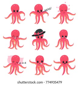 Set of little pink octopus showing various emotions and actions. Cartoon characters of marine creatures. Flat vector design for mobile app, sticker, kids print or postcard