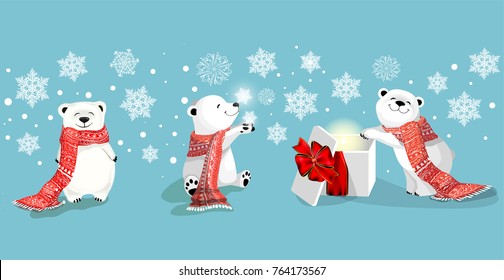 set of little polar bears in different poses on blue background with snowflakes. Chrismas concept. 