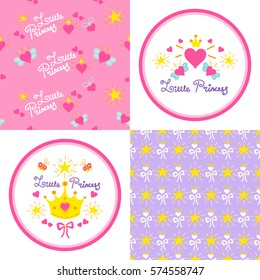 Set of little princess patterns vector and round stickers. Cute girl print with pink hearts, crown, wings, bows and stars for template birthday card, baby shower invitation, kids wallpaper and fabric.