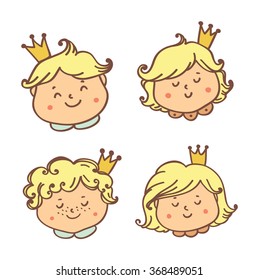 Set of little princess and prince. Different children's faces. Beautiful greeting card in vector