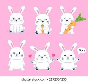 Set of Little rabbit with various activities and emotion in cartoon style, vector illustration