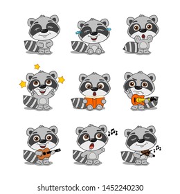 Set of little raccoon in cartoon style in different poses and with musical instruments isolated on white background