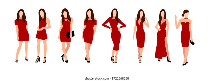 
Set of little red dresses. Image of beautiful girls models in cocktail dresses. Looks like moniken. Fashion clothing store.