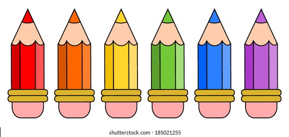 Set of little short school colour pencils in different colors. Line of colored pencils, isolated on white background, vector art image illustration eps10. 