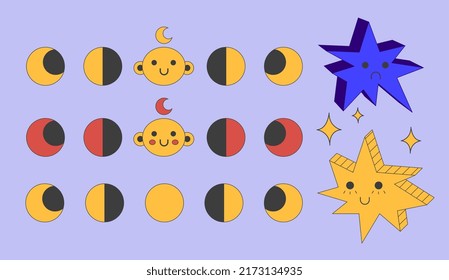 Juego de pequeñas estrellas. Fases lunares. Caras cortas. Colorido. Todos los elementos están aislados.