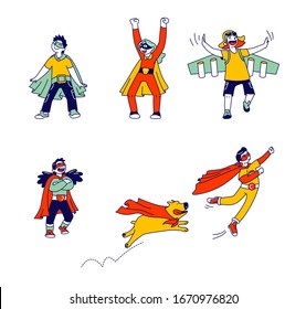 Set of Little Super Hero Kids Wearing Costumes and Red Cloak Having Fun and Playing with Dog Isolated on White Background. Children Characters Theater Performance. Linear People Vector Illustration