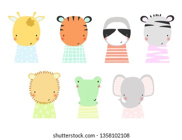 Set of little wild animals. Cute kids graphic. Vector hand drawn illustration.