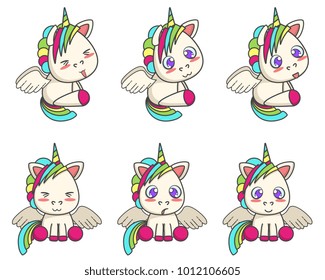 Set of little winged unicorns with different emotions. Vector cartoon illustration