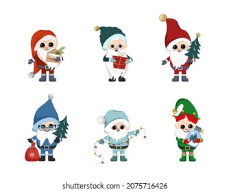 Set of little winter gnomes with long white beard, happy face and holiday items. Character for New Year, Christmas and winter design