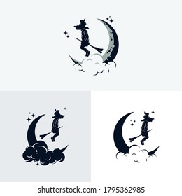 set of little witch flying with broom