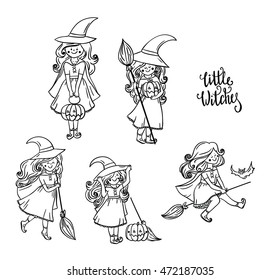 Set of Little Witch. Halloween Witch. For print on T-shirts, for Halloween cards and banners. Halloween collection. Isolated on white