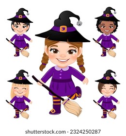 Set of Little witchs holding the broom, Halloween party cartoon character vector