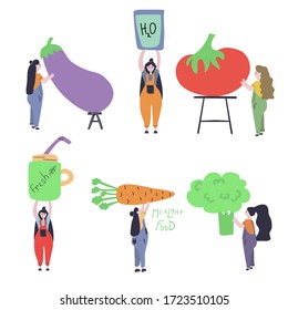 Set of little women with big eggplant, carrot, tomato, broccoli, glass of water and jar of juice or smoothie. Flat vector illustration.