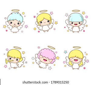 Set Of Little Xmas Angels In Kawaii Style. Cute Christmas Angel Collection. Vector EPS8