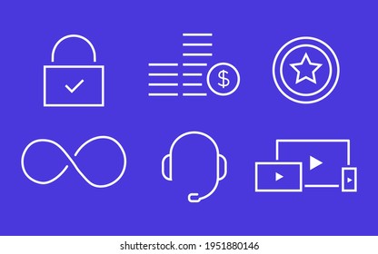 Set of live broadcasting isolated editable icons on colorful background. Safety, money save, protection, promtness and dublication icons