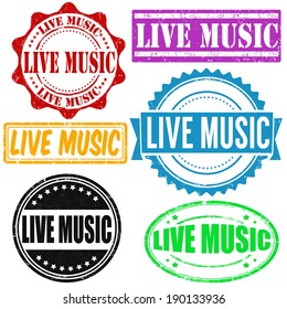 Set of live music rubber stamps on white, vector illustration