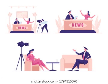 Set Live News in Broadcasting Production, Guest in Studio. Mass Media Television TV Presenter Characters, Cameraman Shooting Crew, Global Business Breaking News. Cartoon People Vector Illustration