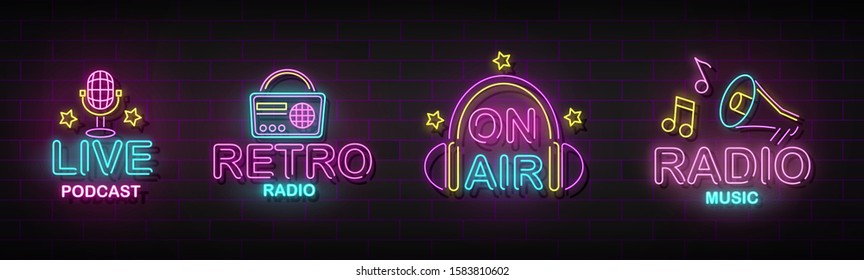 Set of live podcast and radio broadcasting signs, neon realistic vector illustration isolated on dark wall background. Club or music entertainment electric signboards.