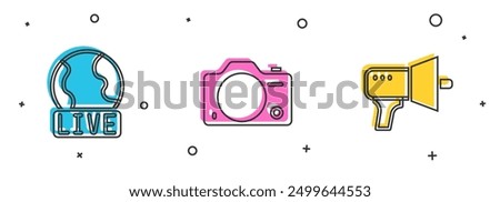 Set Live report, Photo camera and Megaphone icon. Vector