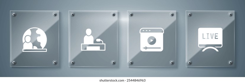 Set Live report, stream, Television and World news. Square glass panels. Vector