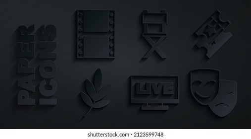 Set Live stream, Cinema ticket, Movie trophy, Comedy and tragedy masks, Director movie chair and Play video icon. Vector