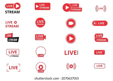 Conjunto de iconos de flujo activo. Iconos y botones para transmisión en vivo, transmisión en línea. Plantillas para televisión, programas, películas y actuaciones en directo