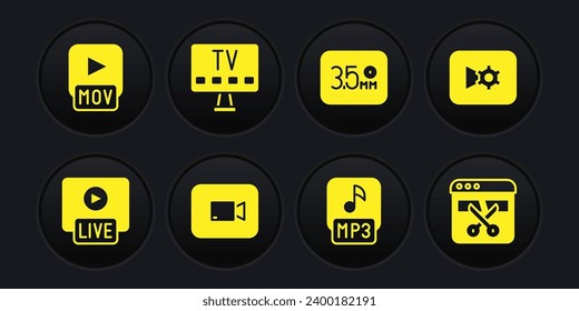 Set Live stream, Music or video settings, Play button, MP3 file, Audio jack, Smart Tv, Video recorder editor and MOV icon. Vector