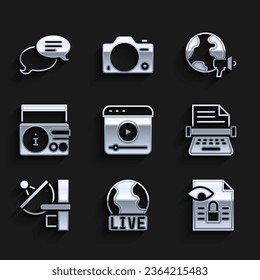 Set Live stream, report, Journalistic investigation, Retro typewriter, Radar, News radio channel, World news and Speech bubble chat icon. Vector