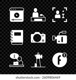 Set Live stream, Television report, Antenna, Create account, Notebook and Photo camera icon. Vector