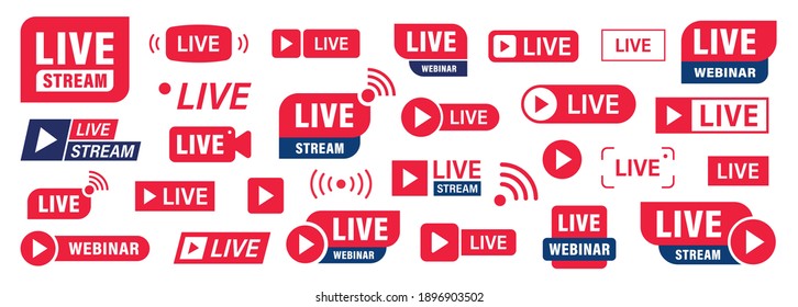 Set of Live stream or webinar icons. Colored button. Live event. Stream, webinar, chat. Vector illustration.