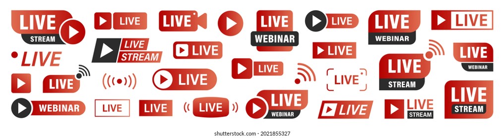Conjunto de iconos de streaming en vivo o webinar. Botón de color. Evento en vivo. Streaming, webinar, chat. Ilustración vectorial.