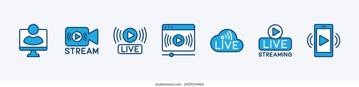 Conjunto de transmisión en vivo de difusión en línea icono. Contiene vídeo, cámara, reproducción, multimedia, móvil, reproductor, película y cine. Ilustración de vector