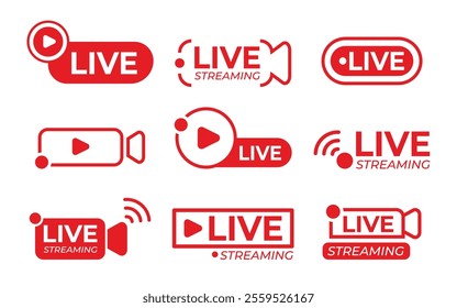 Set of live streaming button icon. a collection of online live streaming buton symbol for social media isolated on white background