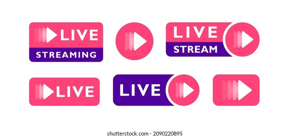 Conjunto de etiquetas geométricas de streaming en vivo con emblema del botón de reproducción. Diseño de logotipos para video, streaming, transmisión en directo, blog. Ilustración vectorial moderna.