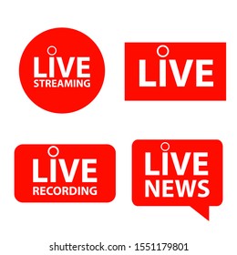 Set of live streaming icon. Red button live web tv online broadcasting. Online stream template, Isolated on white background. Vector illustration for show performance, video, logo. Play media news tag